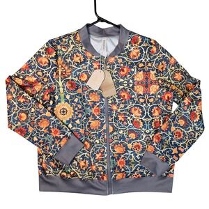 Zolucky Womens Floral Tapestry Bomber Jacket Blue Orange Full Zip Small‎ 1531046